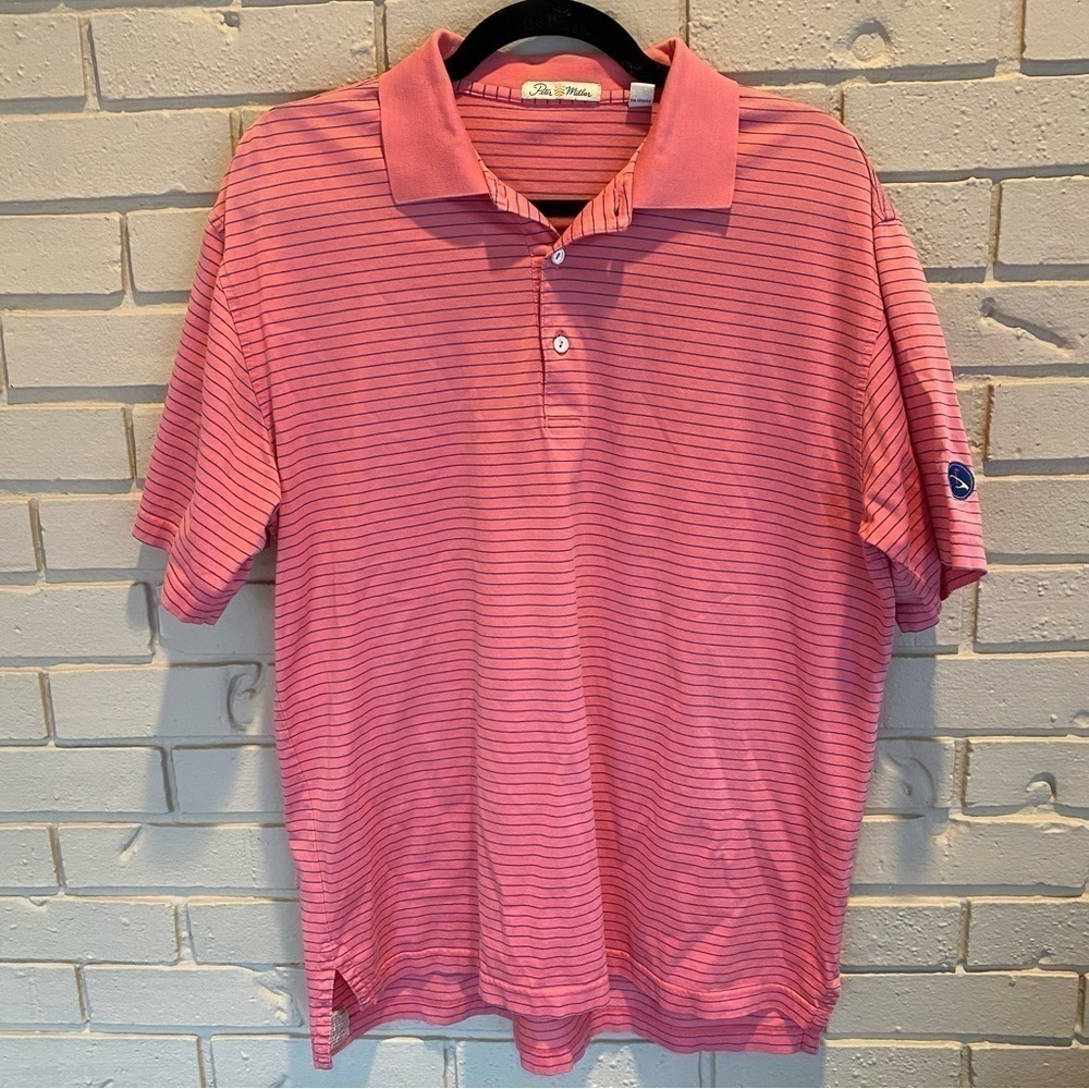 Peter Millar Mercerized Cotton Golf Polo Shirt Pink Striped Sleeve Patch Medium